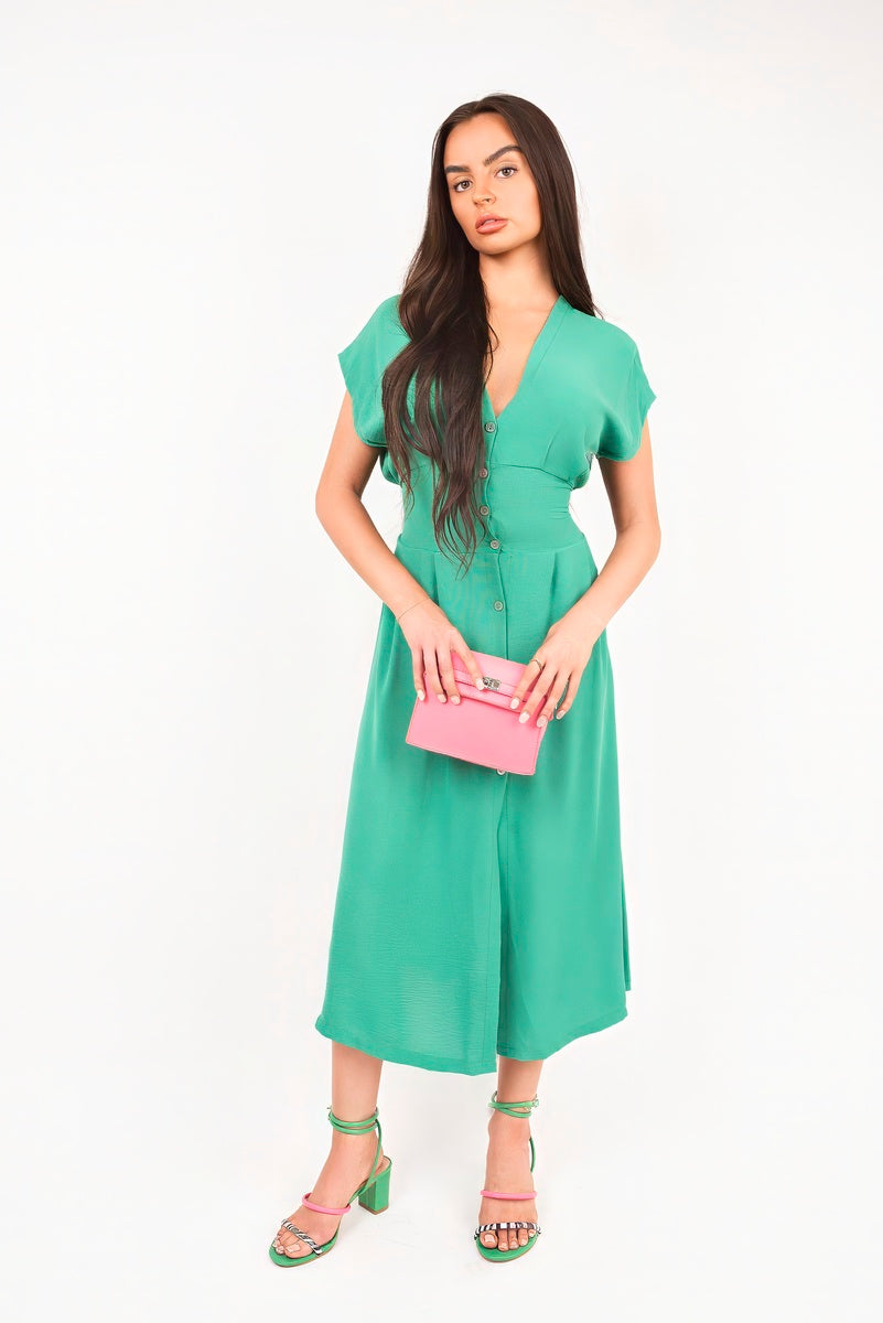 “Green button down cap sleeve midi dress Reeva, front view”