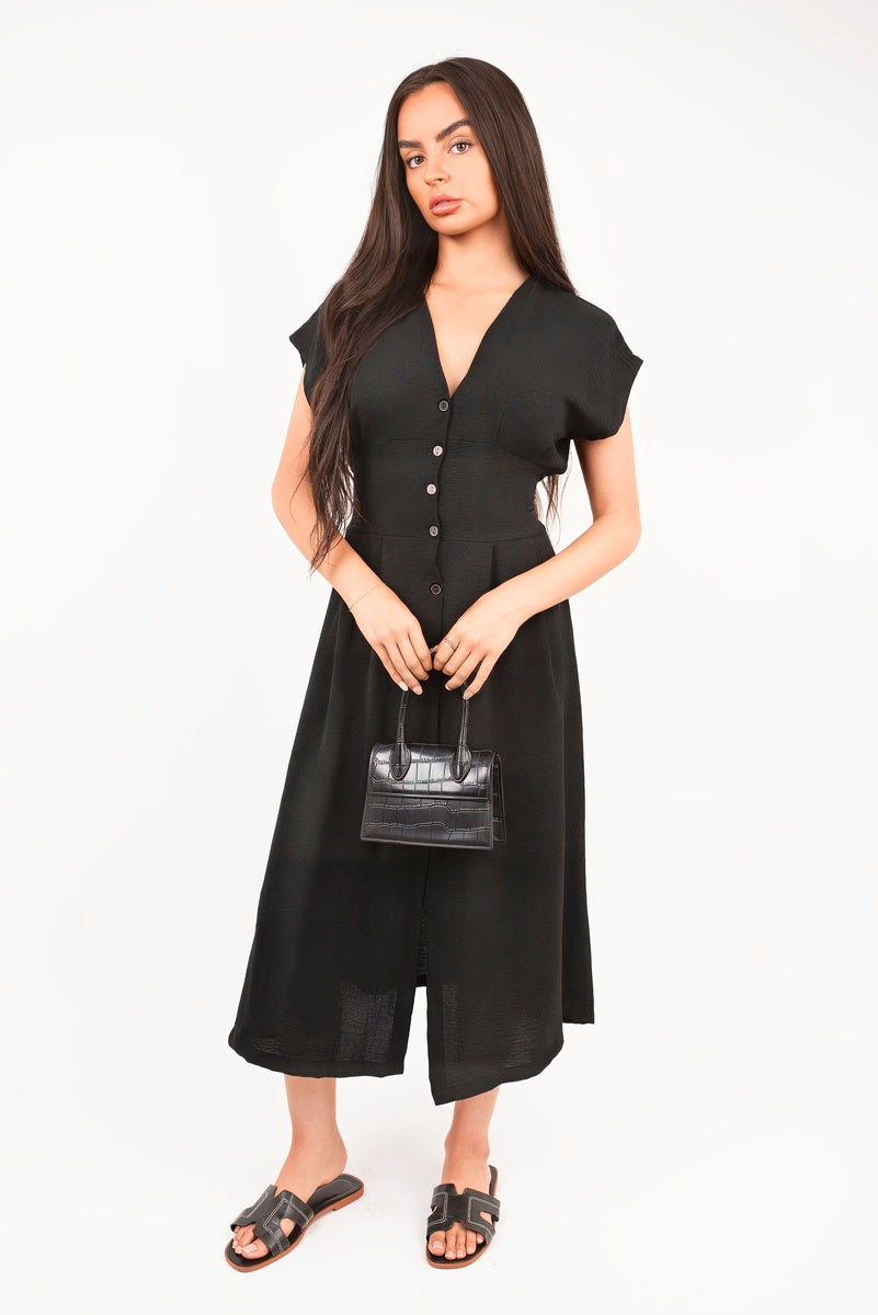 “Black button down cap sleeve midi dress Reeva, front view”
