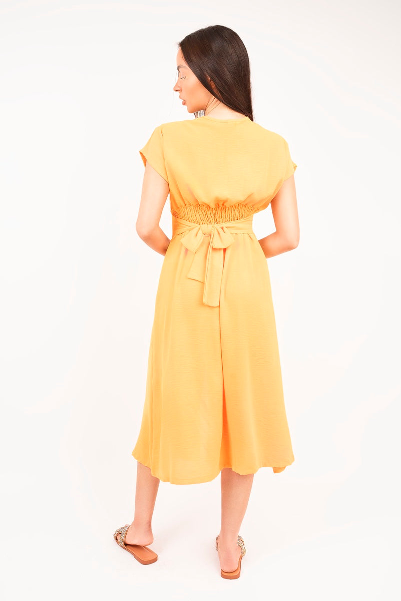 “Orange button down cap sleeve midi dress Reeva, back view”