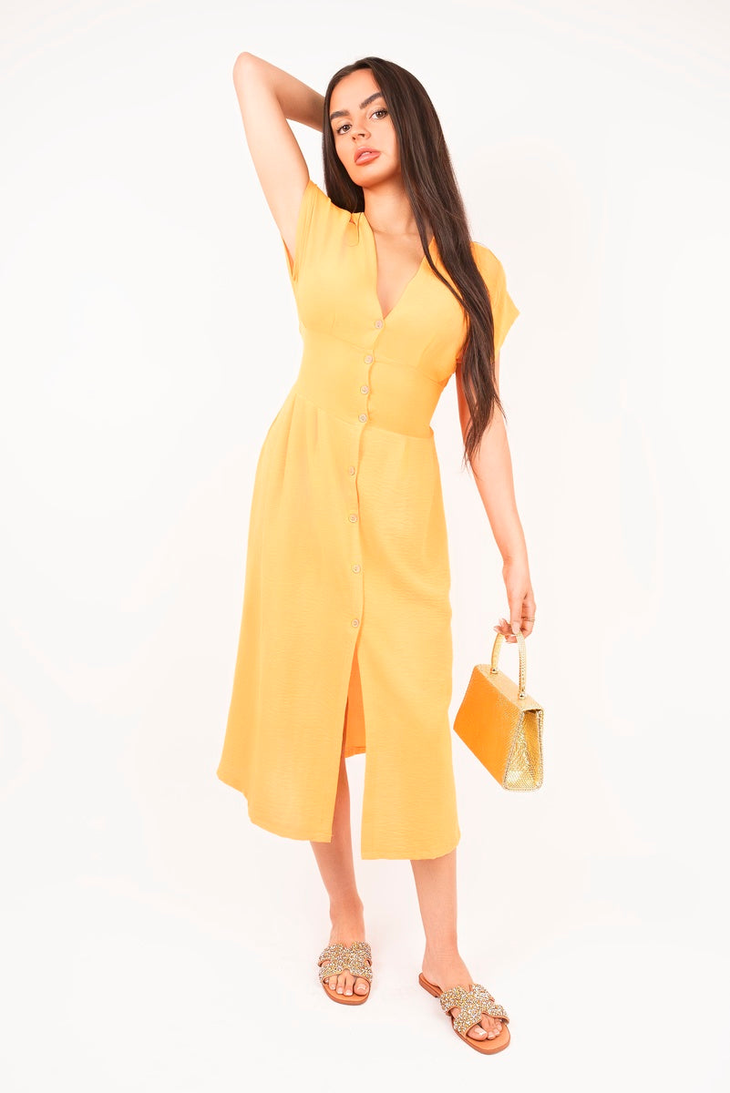 “Orange button down cap sleeve midi dress Reeva, detailed view”