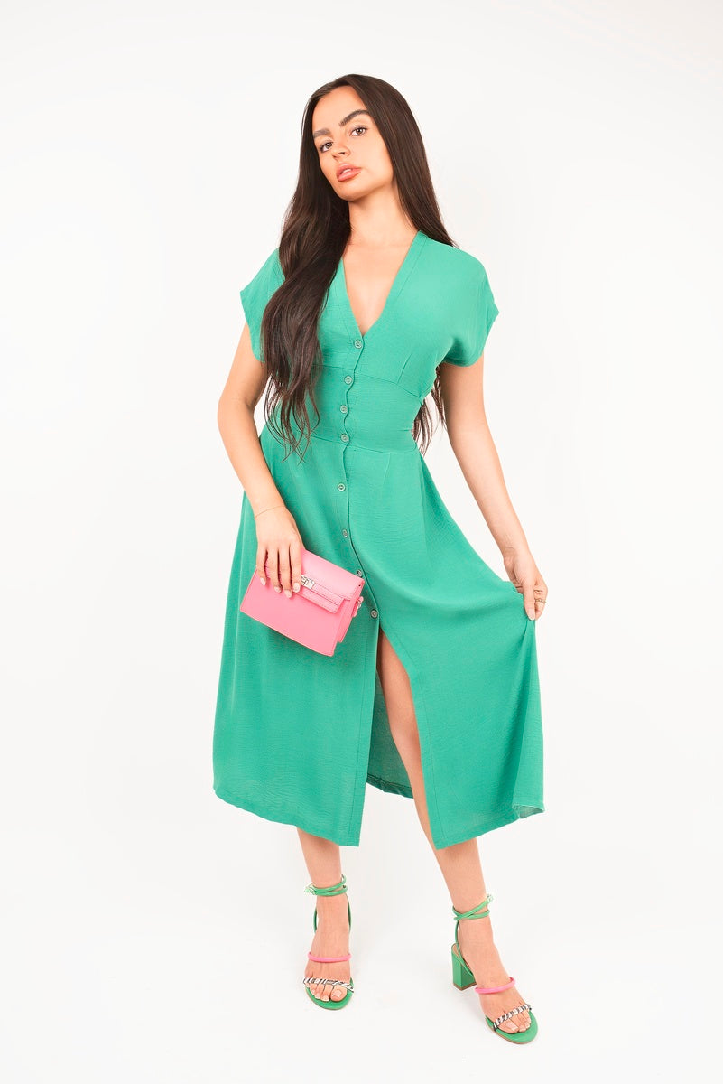 “Green button down cap sleeve midi dress Reeva, detailed view”