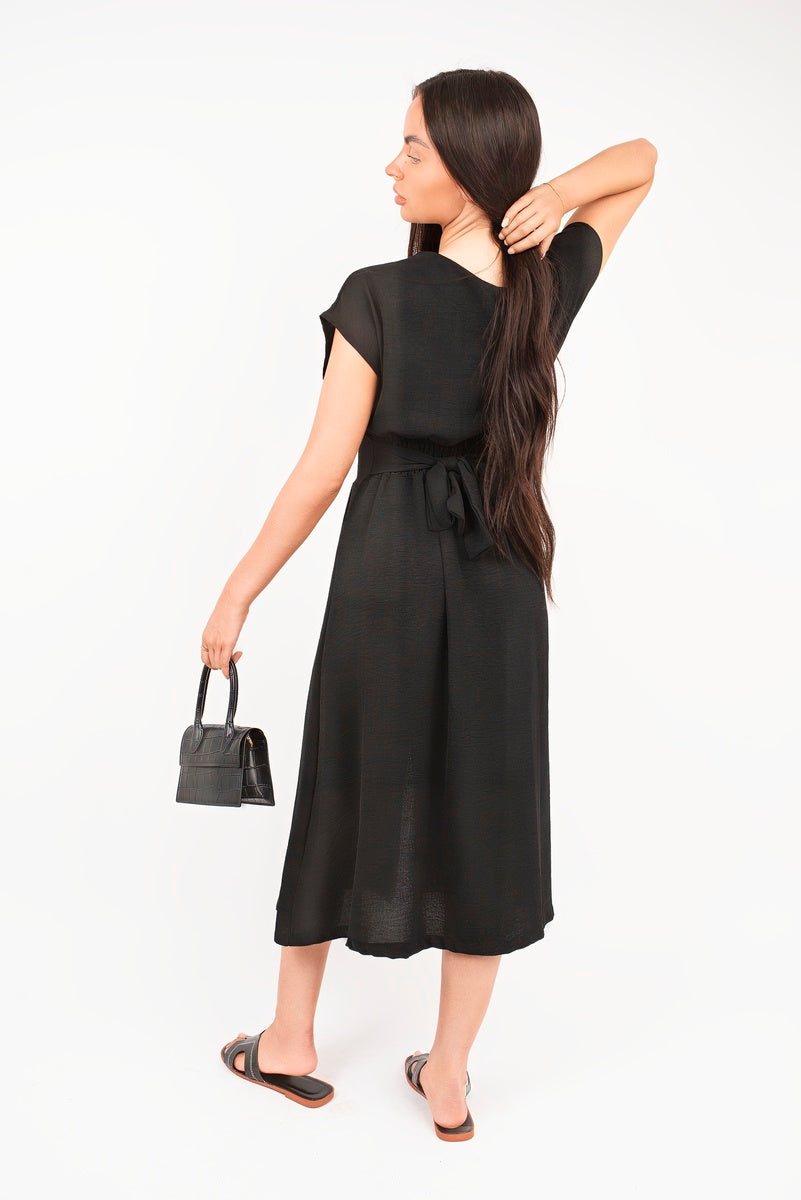 “Black button down cap sleeve midi dress Reeva, back view”