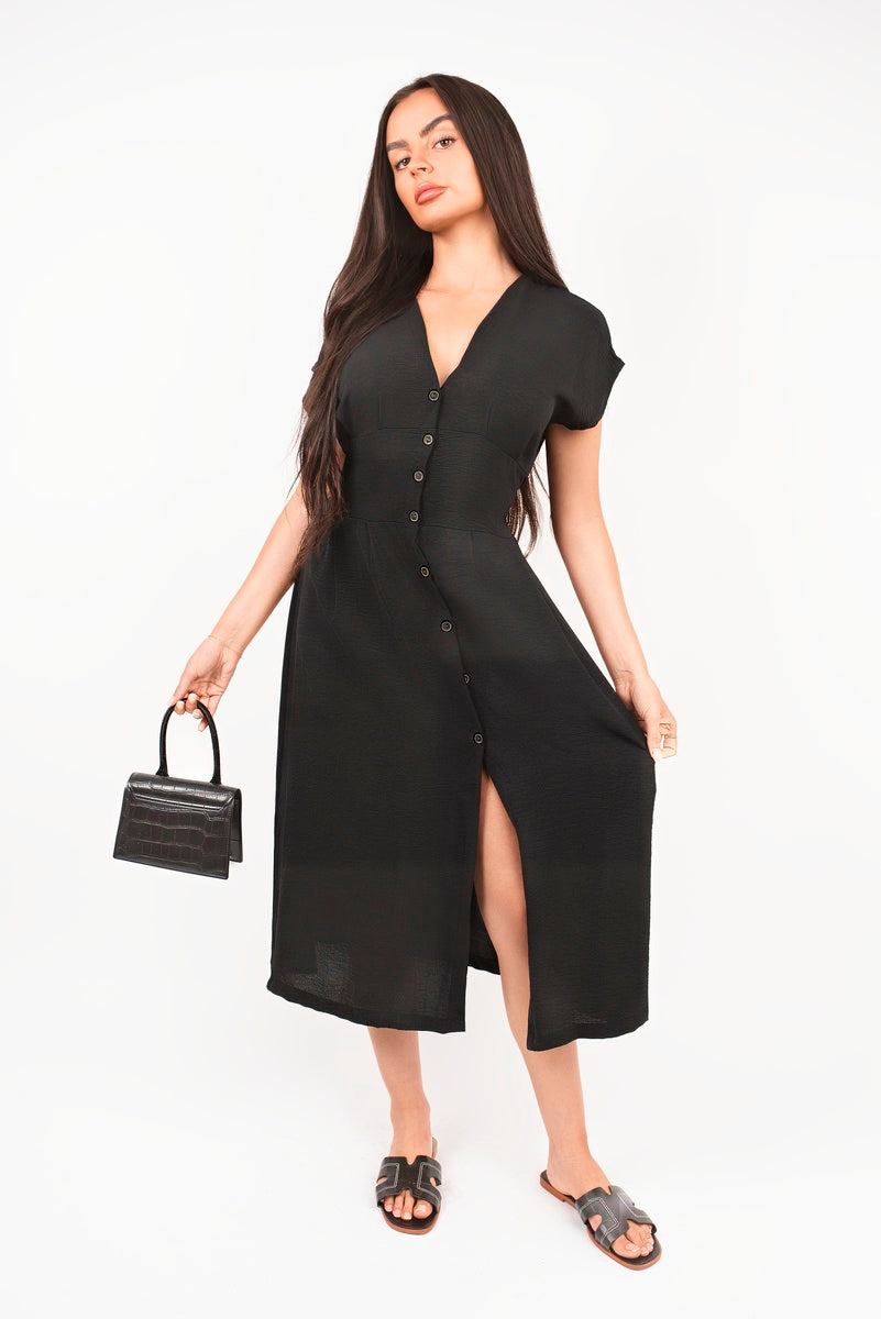 “Black button down cap sleeve midi dress Reeva, detailed view”