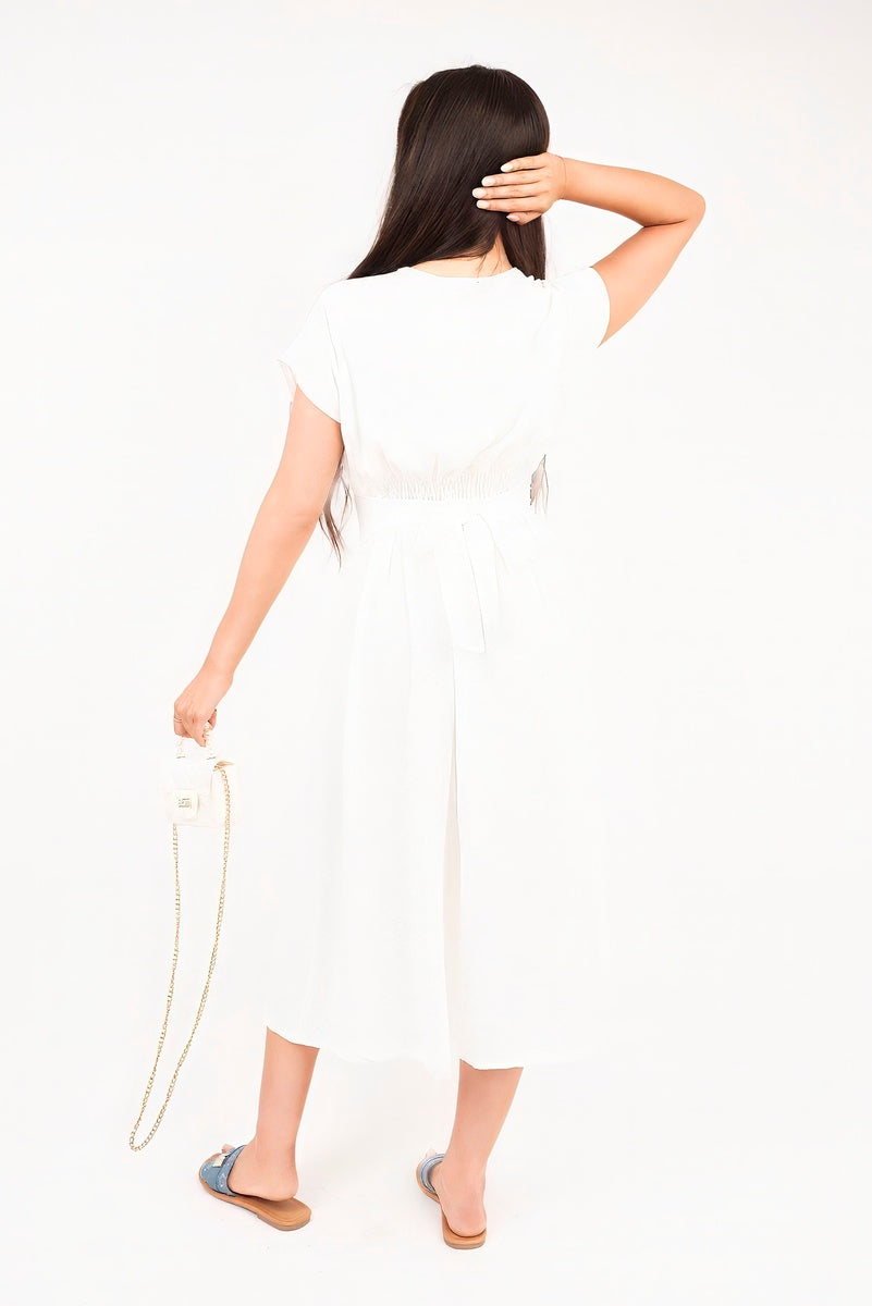 “White button down cap sleeve midi dress Reeva, back view”