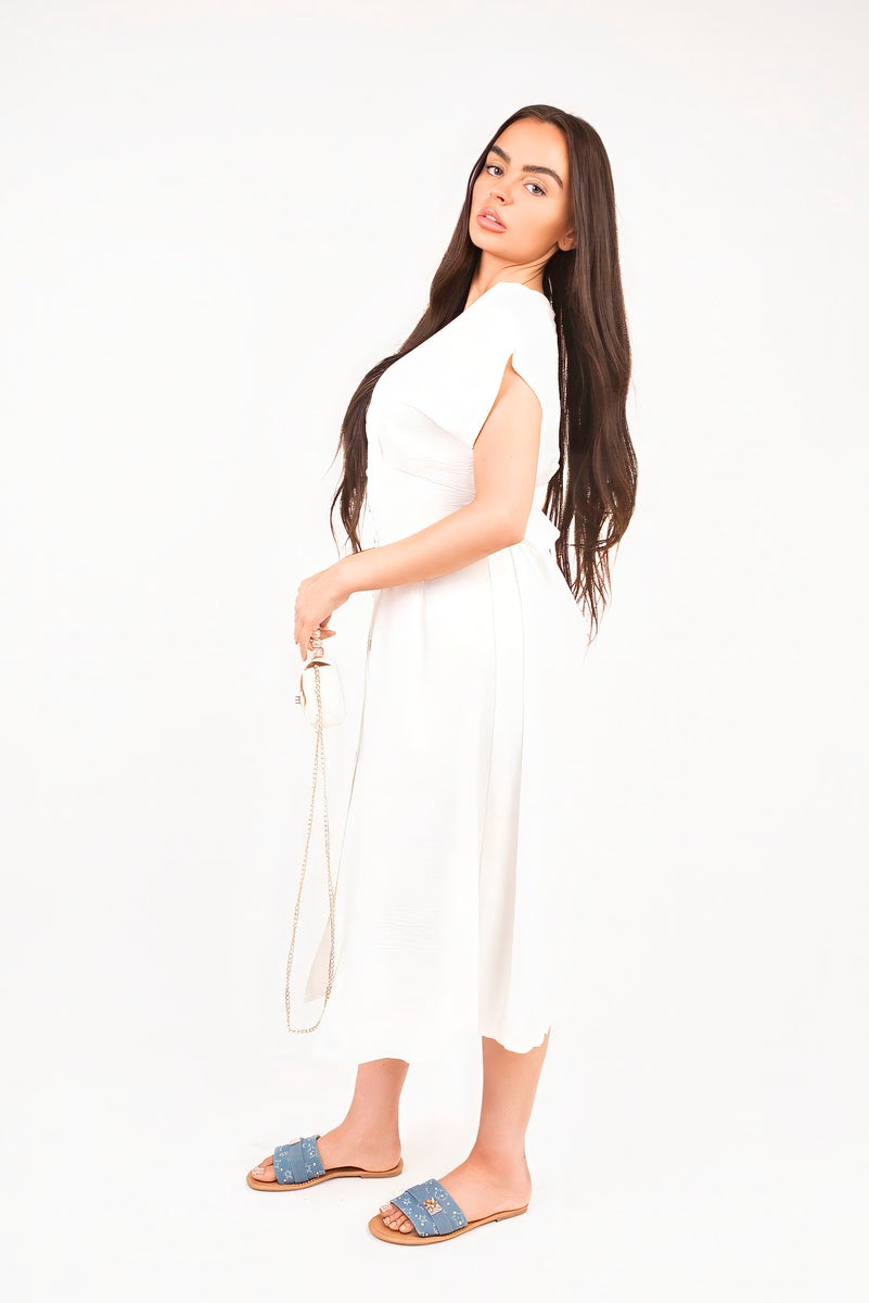 “White button down cap sleeve midi dress Reeva, side view”
