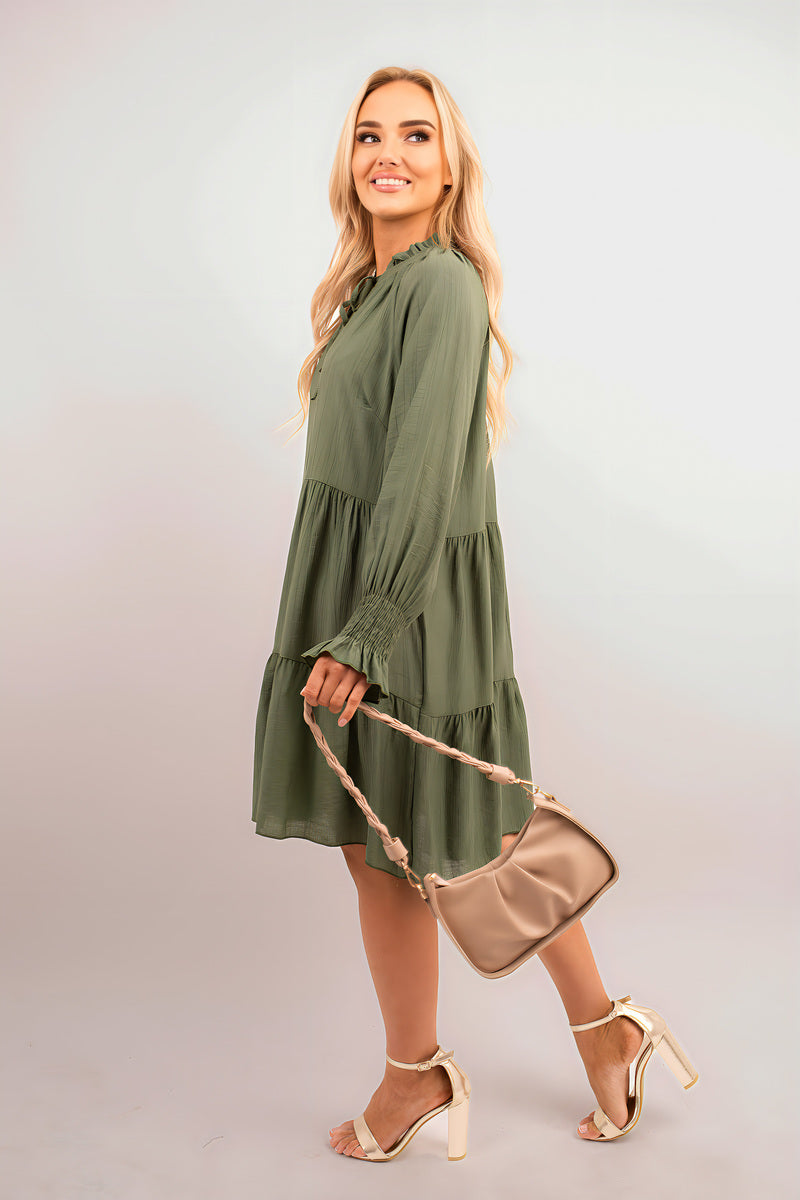 Long Sleeve Front Tie Tiered Mini Dress