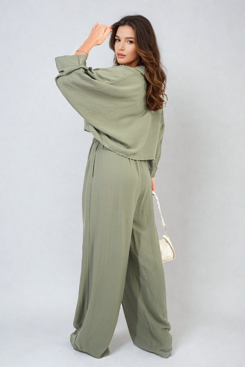 Back view of khaki crop top & trousers set.