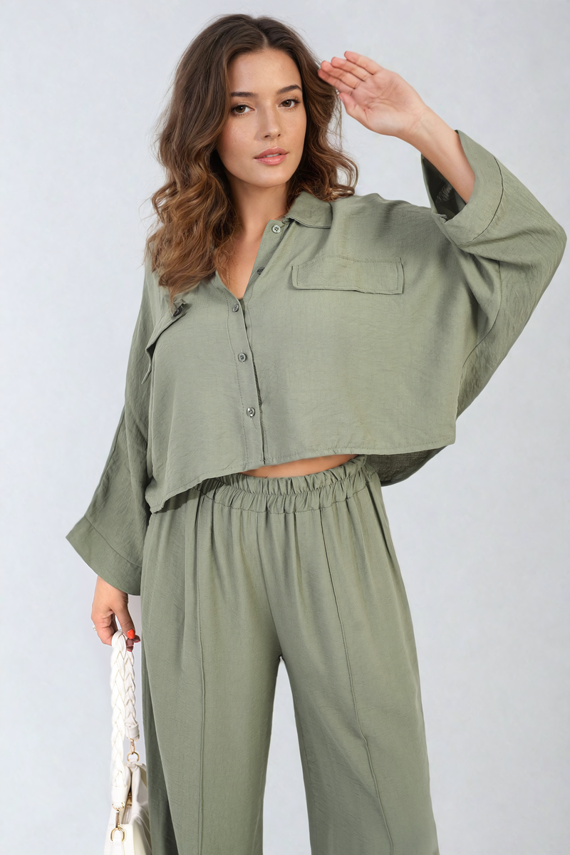 Close-up detail of khaki co-ord fabric.