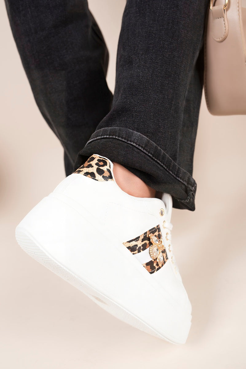 “Leopard chunky glitter trainers with bee charm, back view”