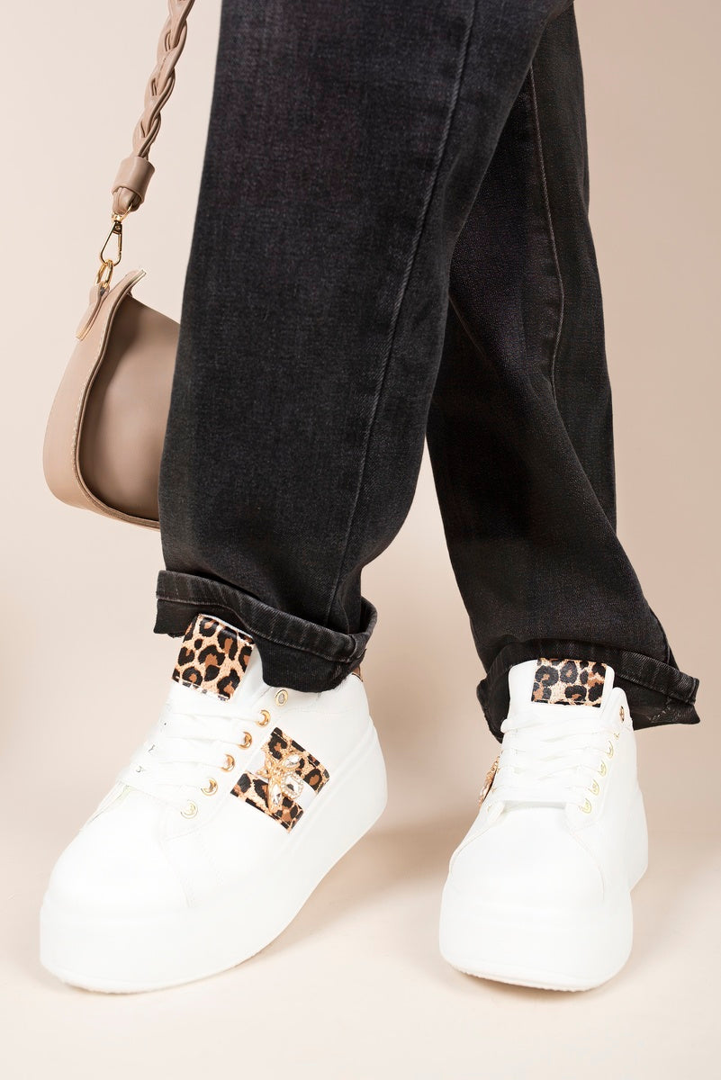 “Leopard chunky glitter trainers with bee charm, front view”