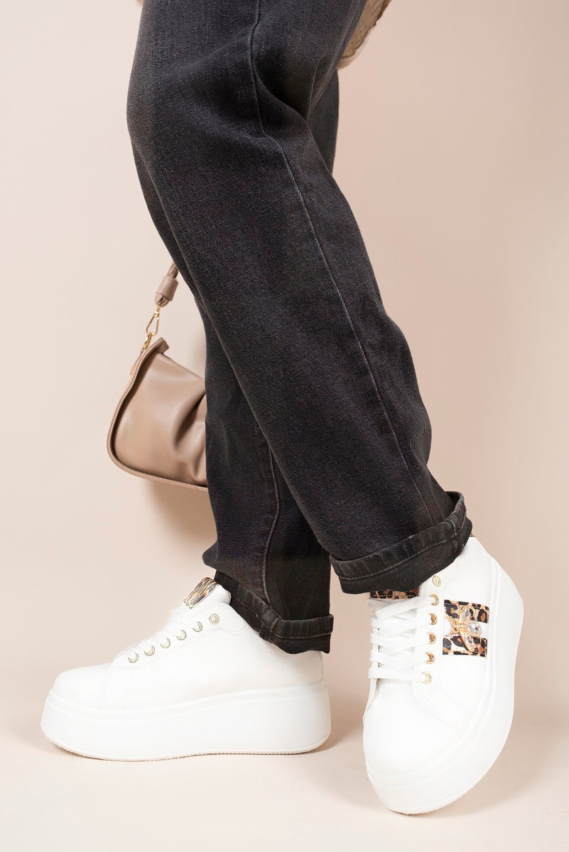 “Leopard chunky glitter trainers with bee charm, top view”