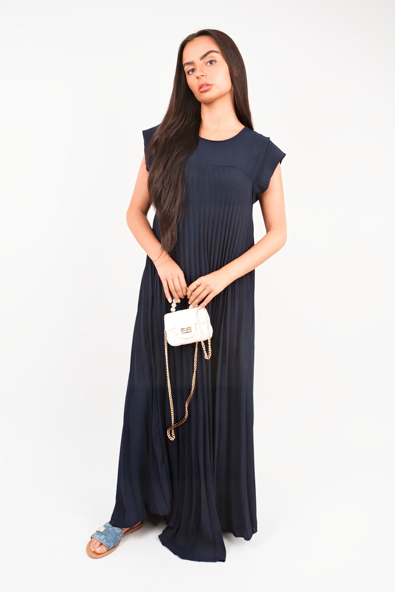 “Navy pleated cap sleeve maxi dress, front view”