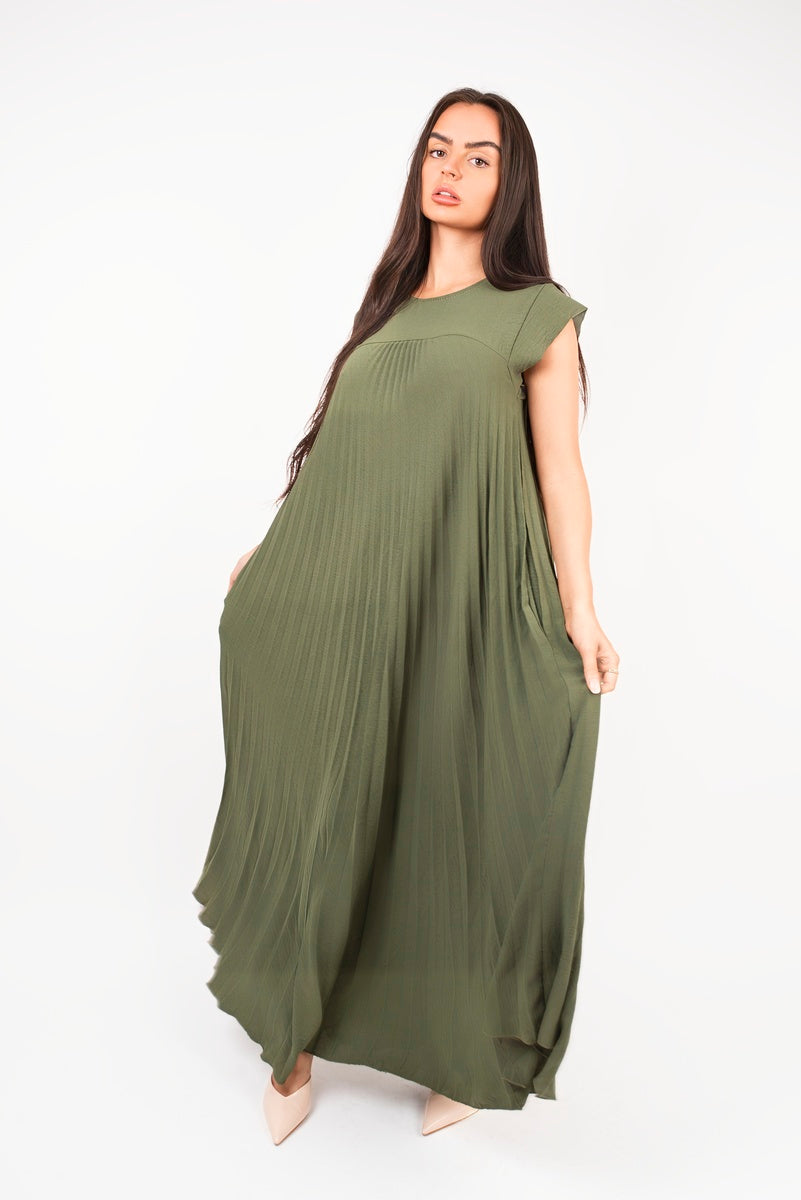 “Khaki pleated cap sleeve maxi dress, pleated view”