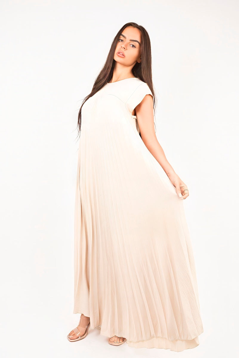 “Beige pleated cap sleeve maxi dress, view”ide
