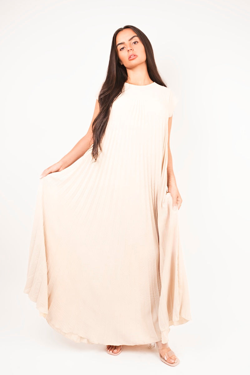 “Beige pleated cap sleeve maxi dress, front view”