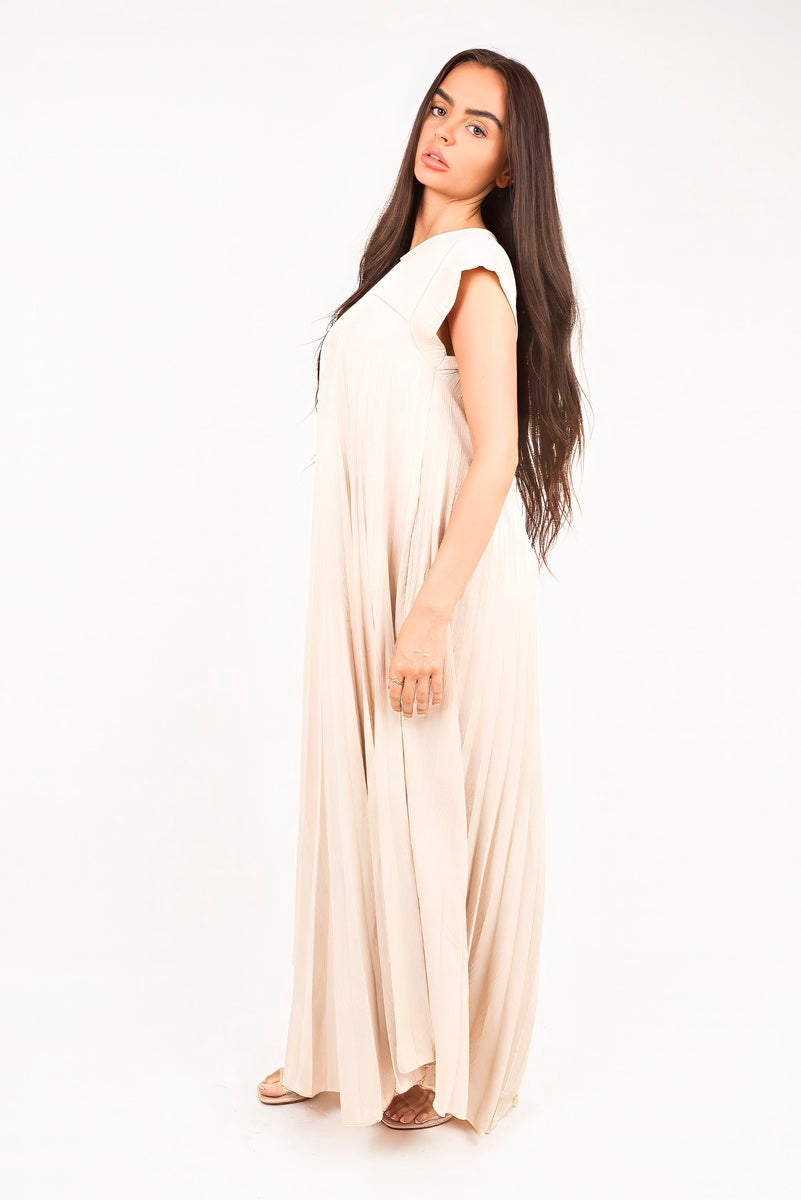 “Beige pleated cap sleeve maxi dress, detailed view”