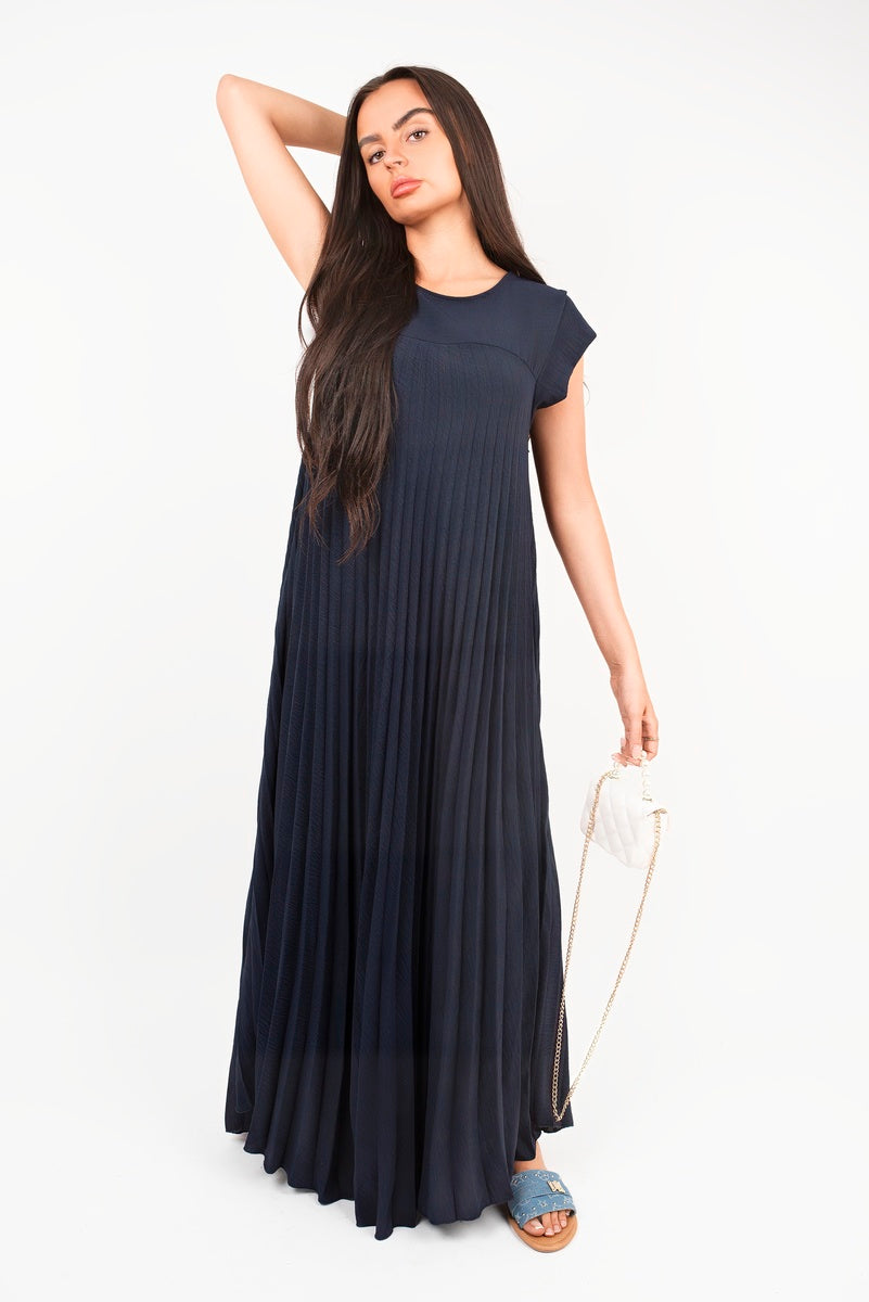 “Navy pleated cap sleeve maxi dress, side view”