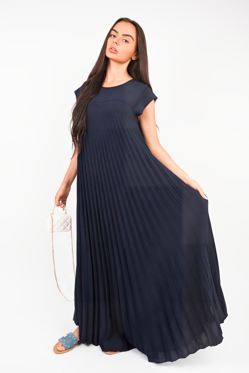 “Navy pleated cap sleeve maxi dress, detailed view”