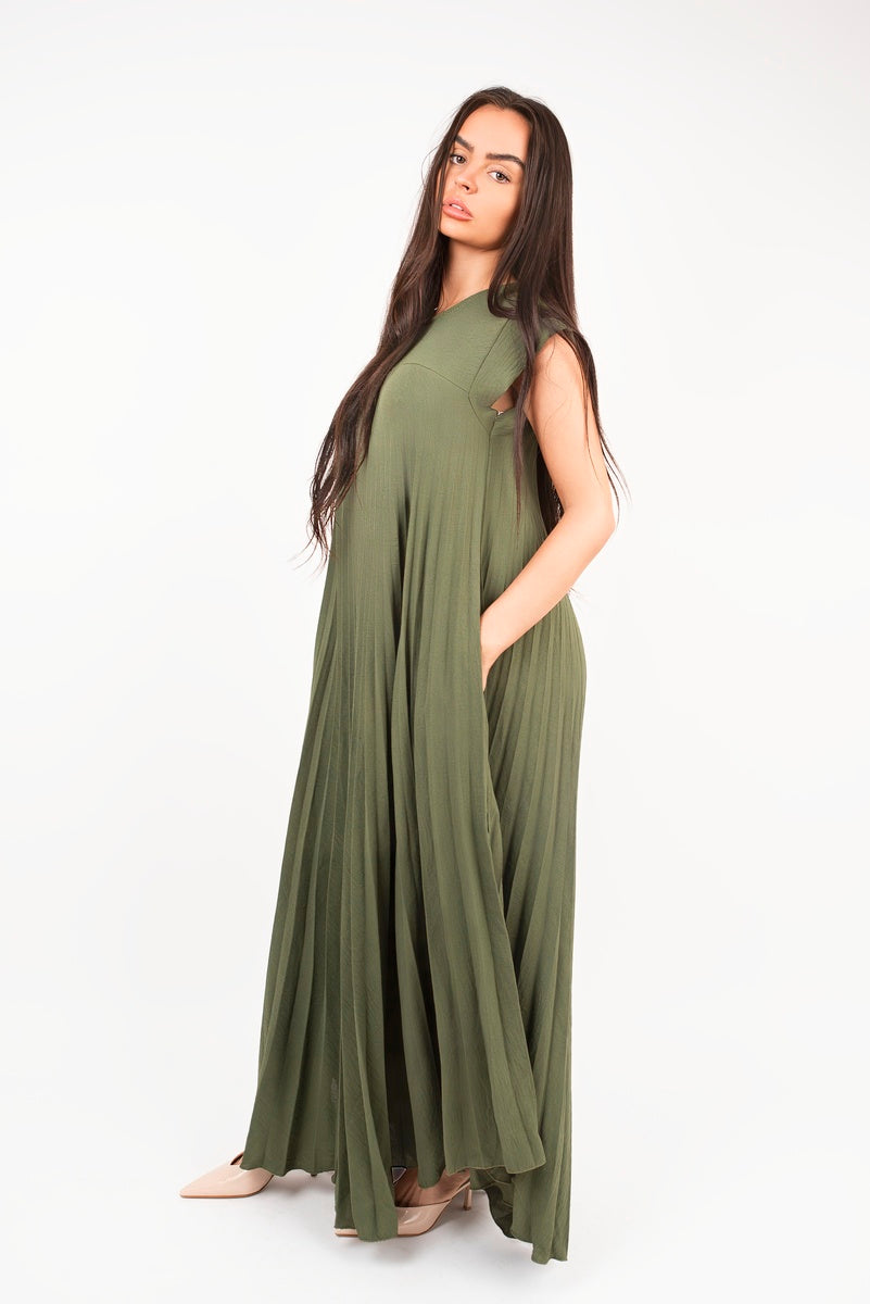 “Khaki pleated cap sleeve maxi dress, detailed view”
