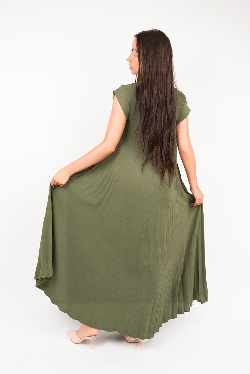 “Khaki pleated cap sleeve maxi dress, back view”