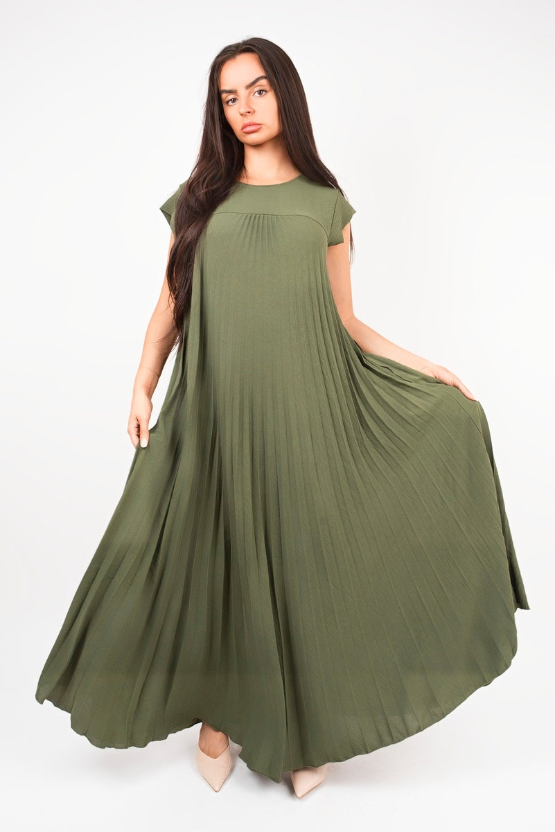 “Khaki pleated cap sleeve maxi dress, front view”