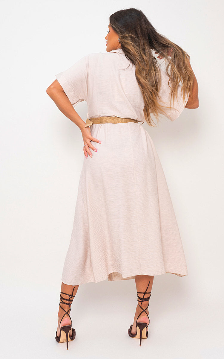 Button Down Collared Short Sleeve Midi Dress with Belt
