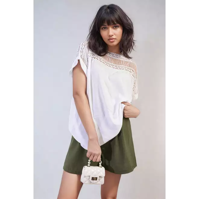 Lace Insert Round Neck Hollow Top
