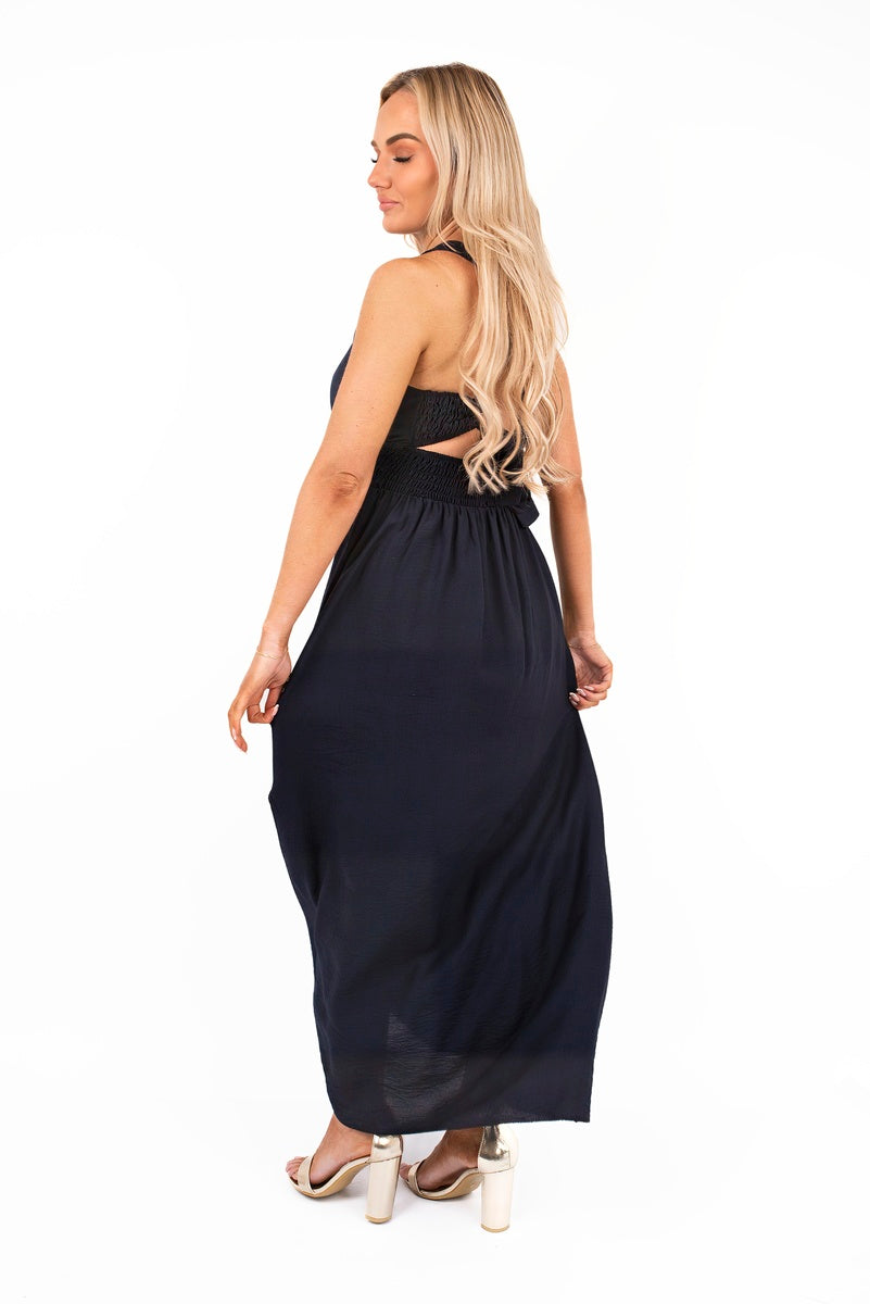 “Black cross back maxi dress with ruched waist, back view”