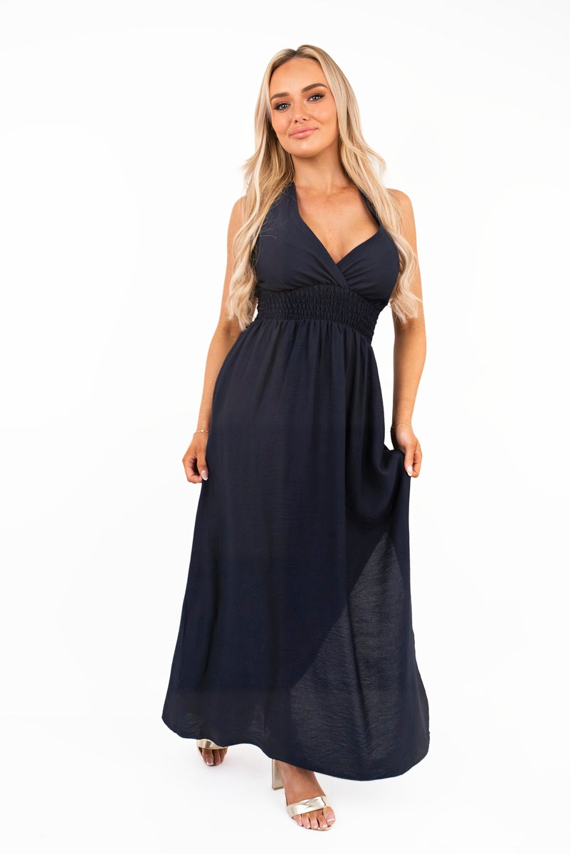 “Black cross back maxi dress with ruched waist, detailed view”