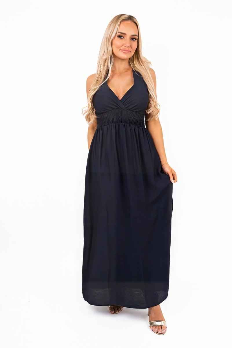 “Black cross back maxi dress with ruched waist, front view”