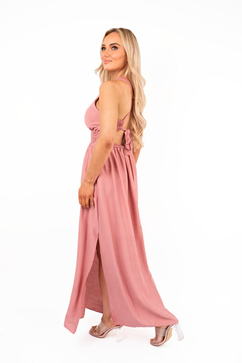“Pink cross back maxi dress with ruched waist, back view”