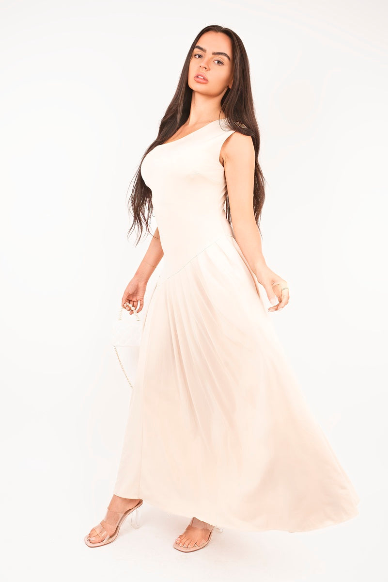 “Beige short sleeve pleated maxi dress, side view”