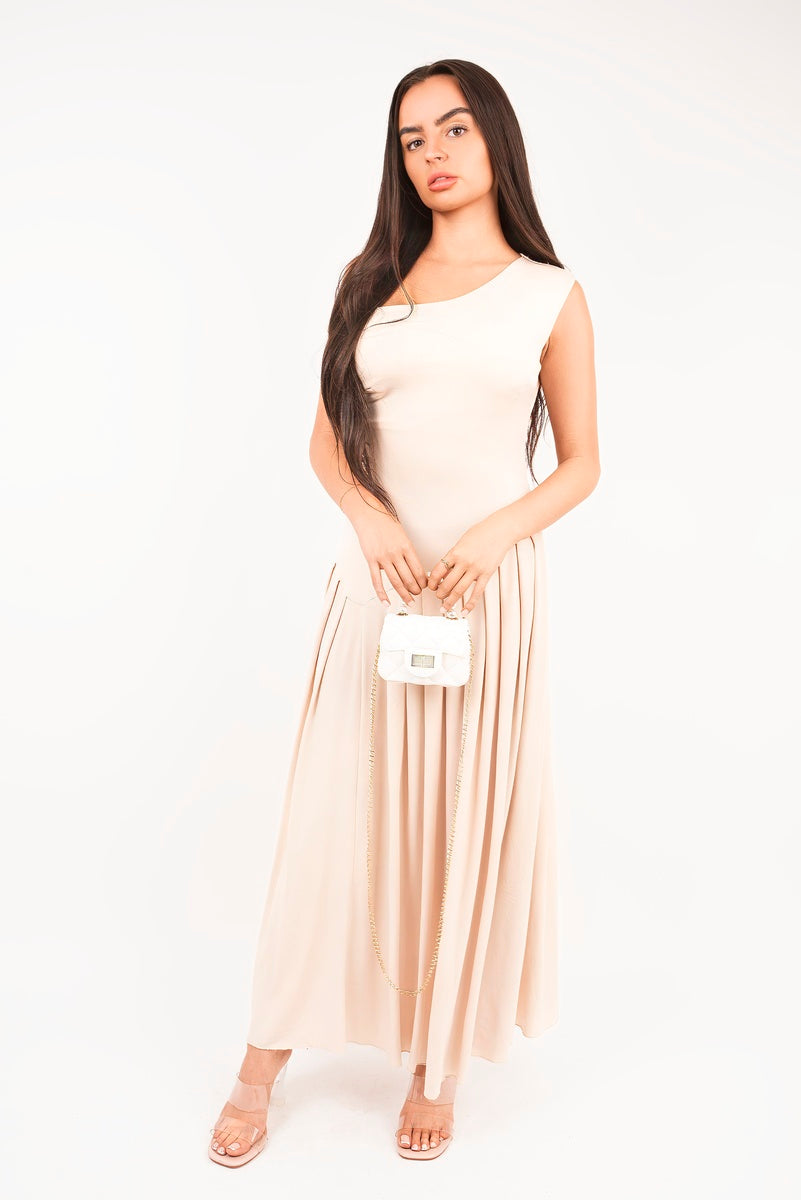 “Beige short sleeve pleated maxi dress, front view”