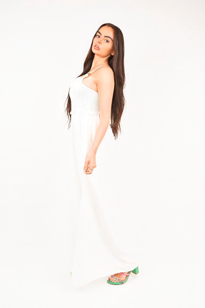 “White shirred bandeau wide leg jumpsuit, side view”