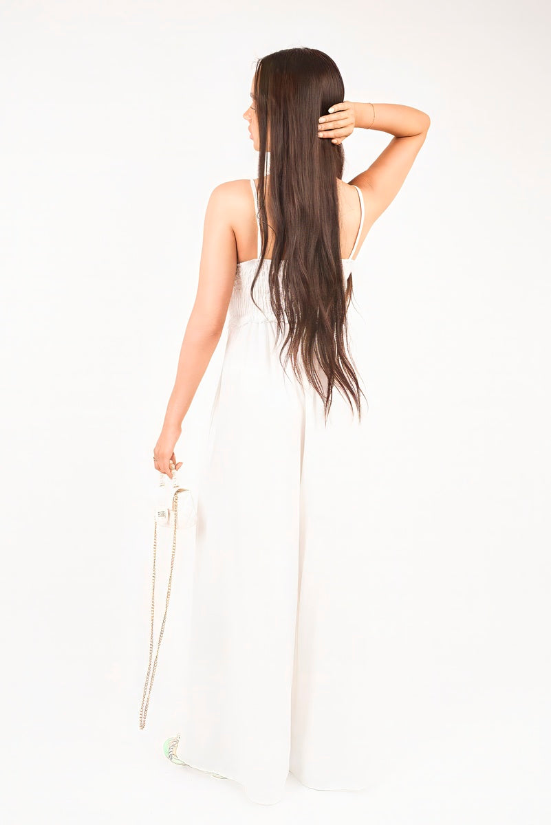 “White shirred bandeau wide leg jumpsuit, back view”