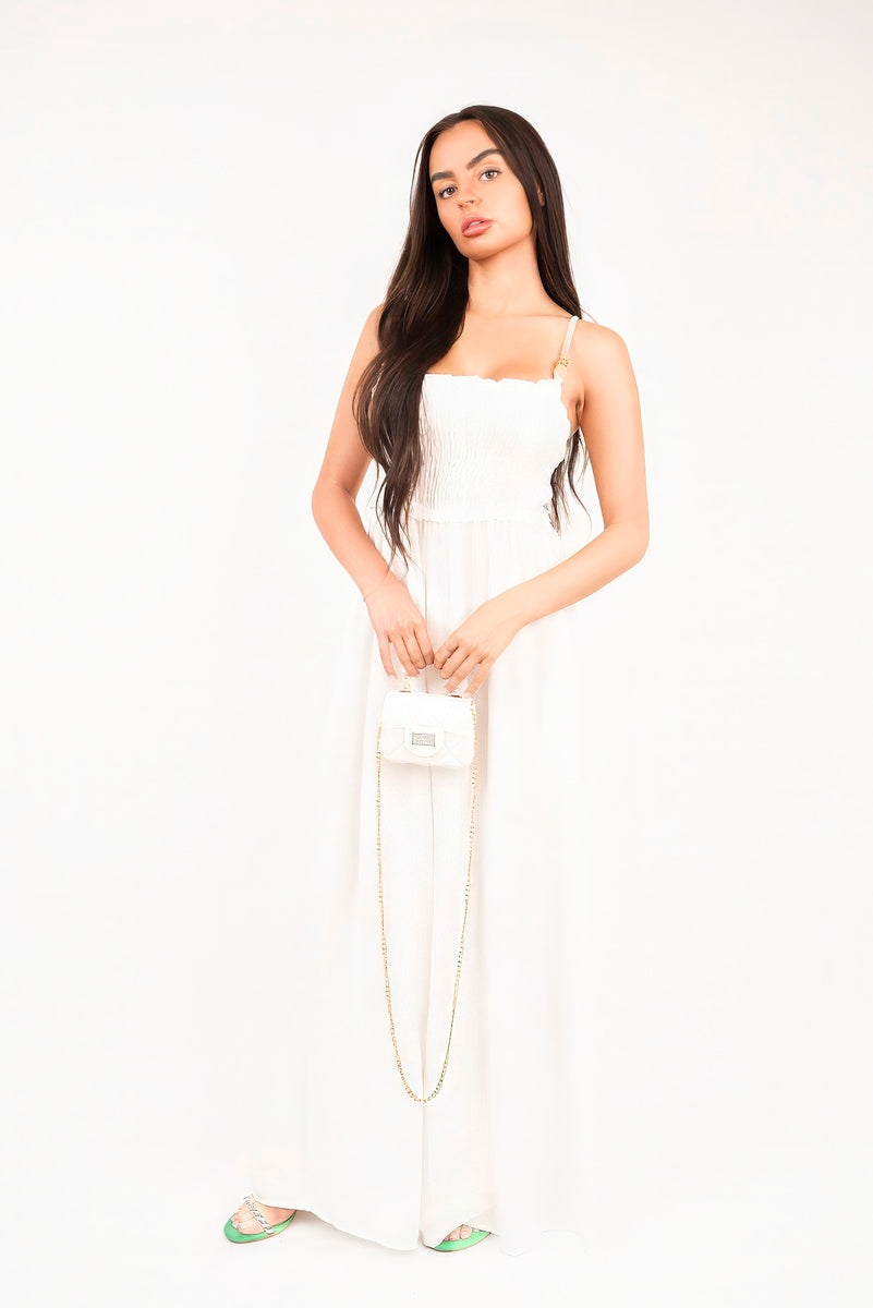 “White shirred bandeau wide leg jumpsuit, front view”