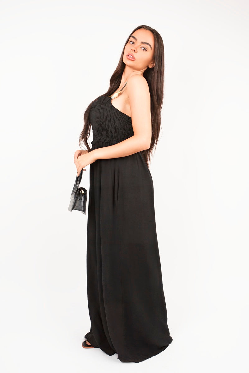 “Black shirred bandeau wide leg jumpsuit, side view”
