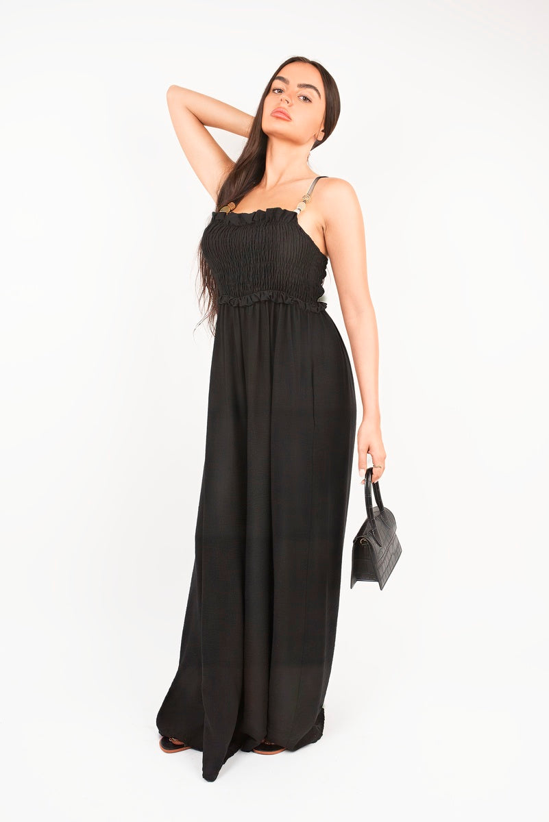 “Black shirred bandeau wide leg jumpsuit, detailed view”