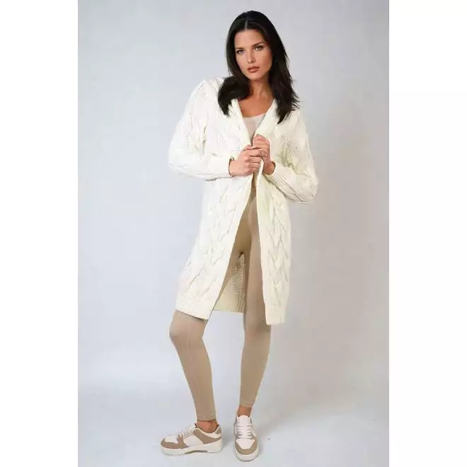 Chunky Cable Knitted Oversized Longline Hooded Cardigan