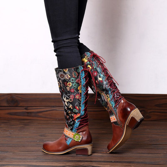 Printed Lace-Up Back Cowboy Boots
