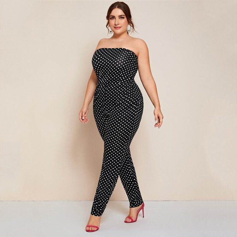 Plus Size Dot Printed Strapless Tube Jumpsuit