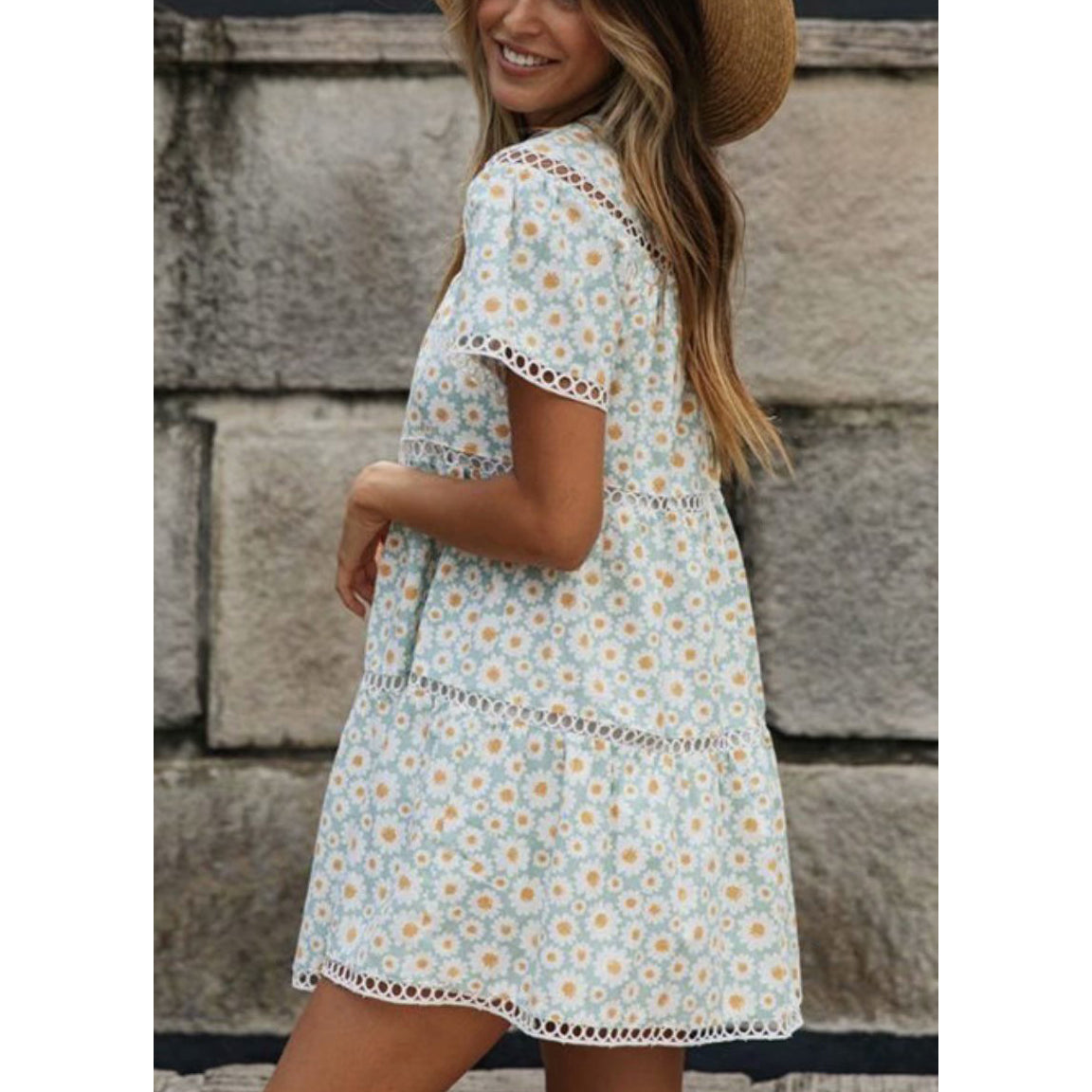Tiered Daisy Print And Lace Dress
