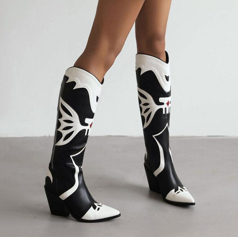 Black & White Knee-High Cowboy Boots