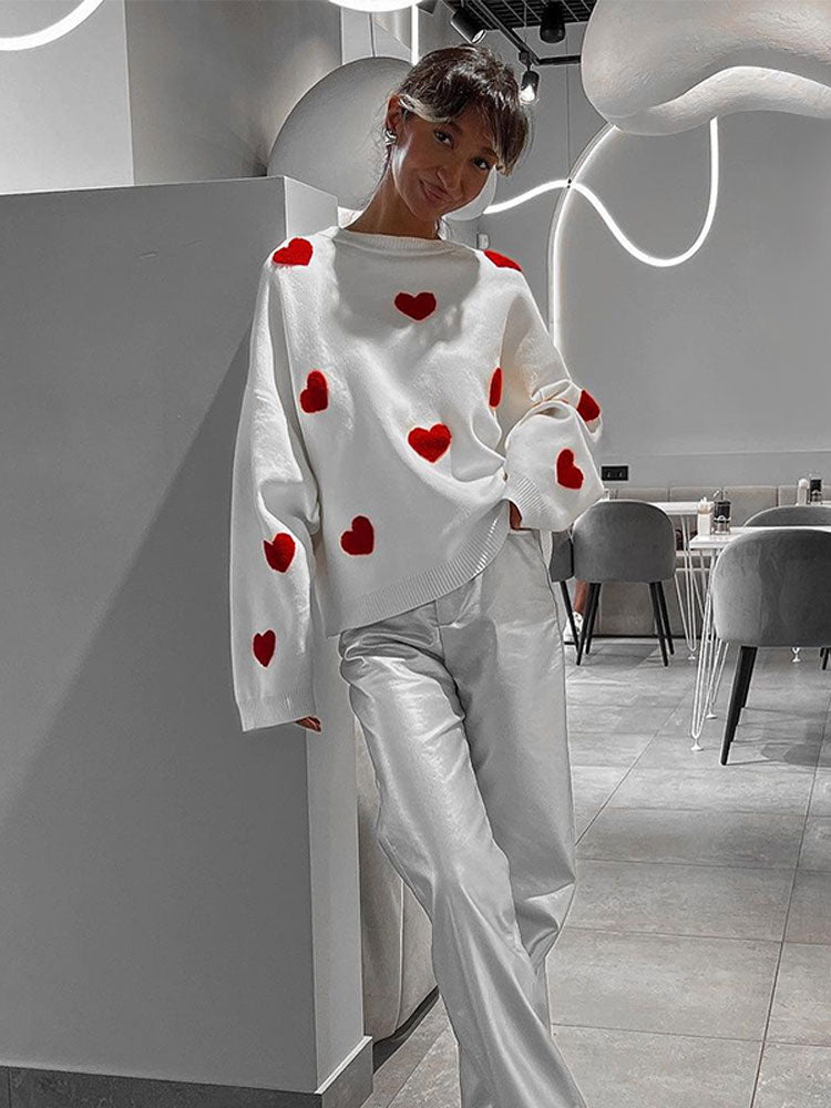 Loose White & Red Heart Sweater