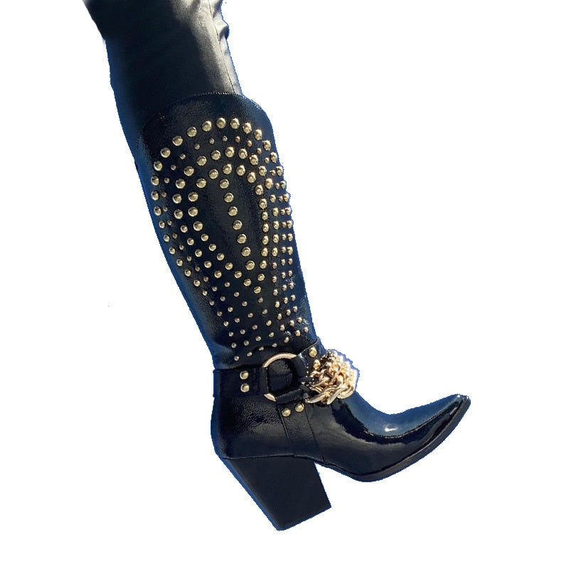 Patent Rivet & Chain Cowboy Boots