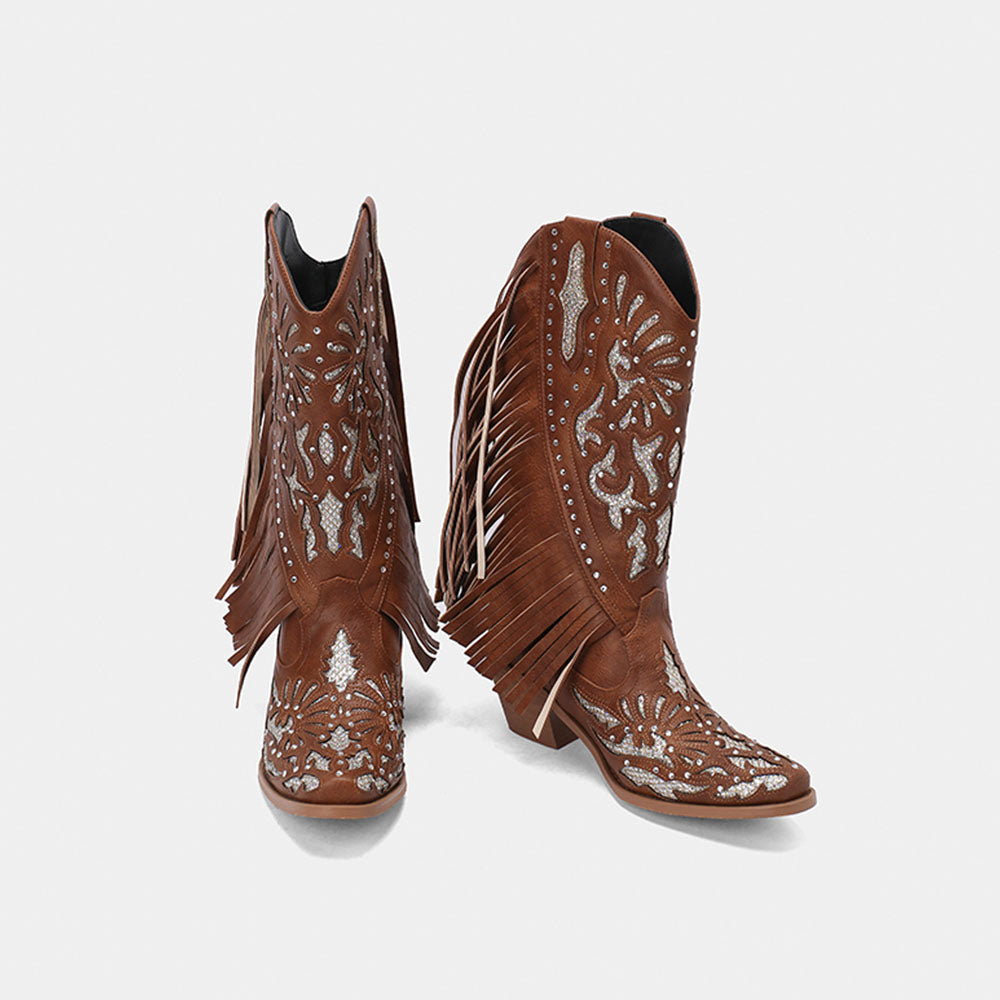 Embroidery Stud Cowboy Boots With Fringe