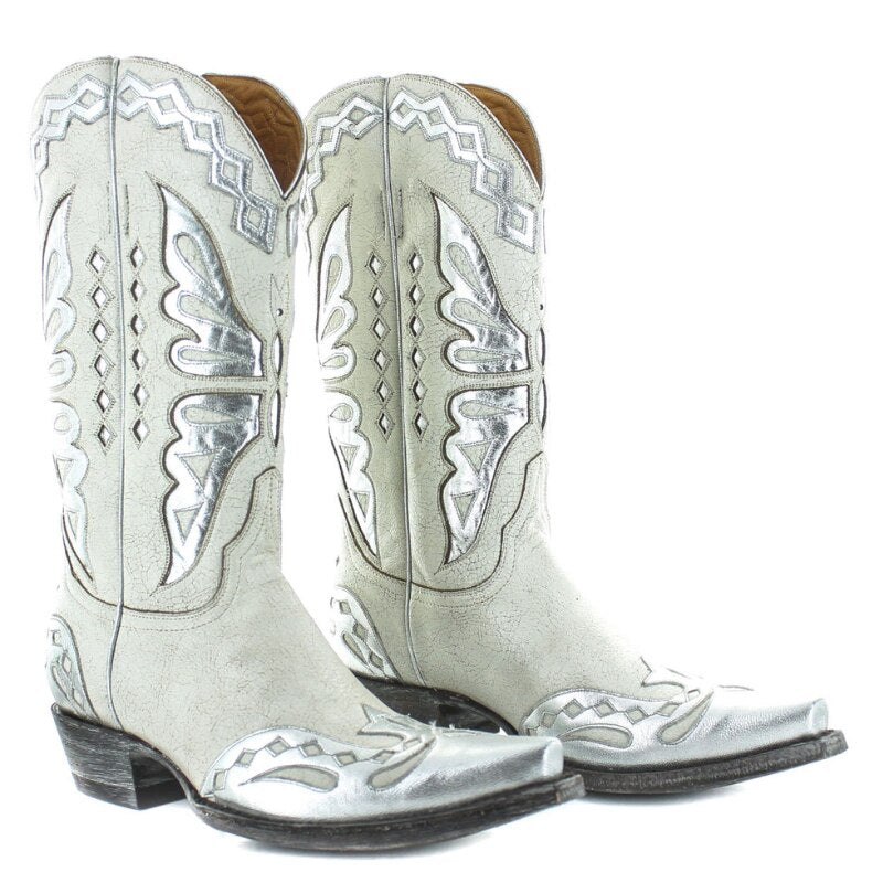 White & Silver Embossed Cowboy Boots