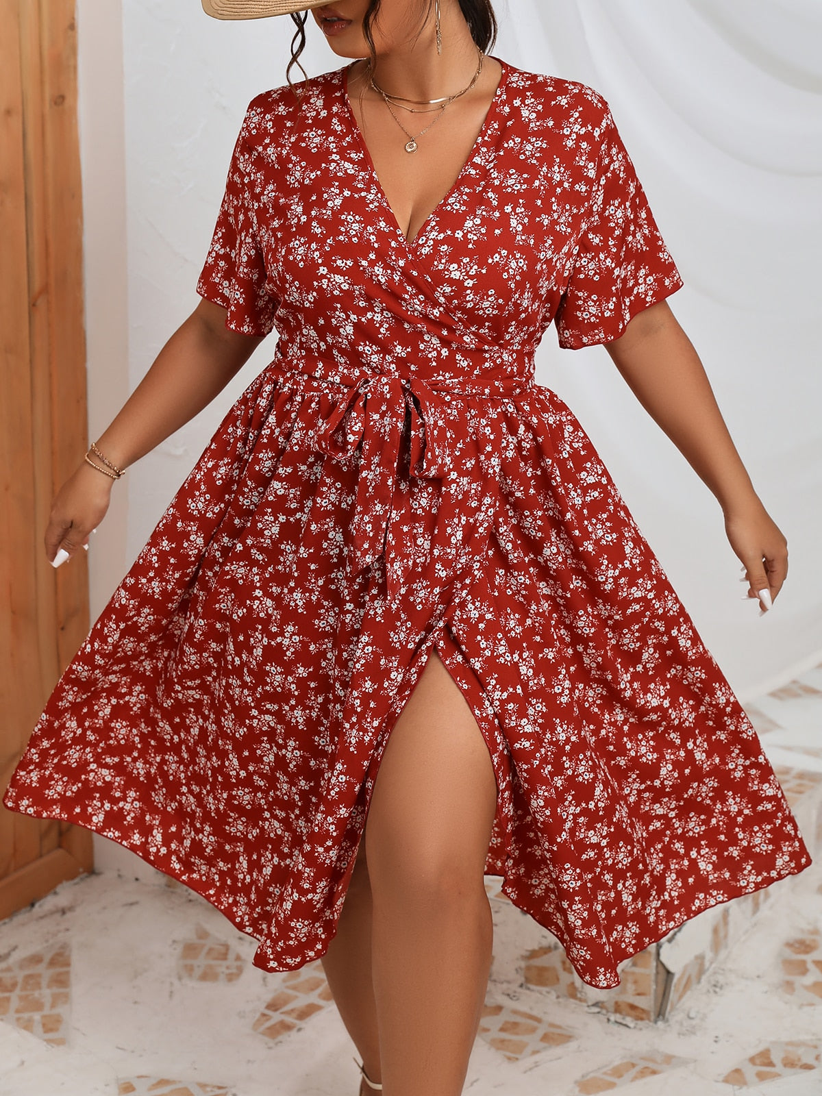 Plus Size Belted Floral Wrap Dress