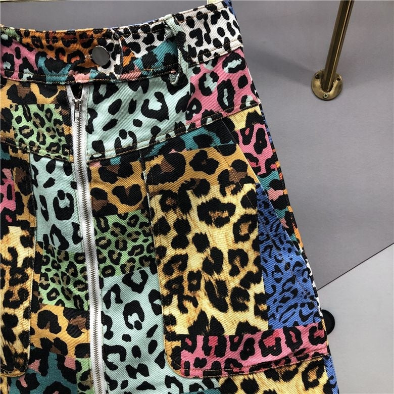 Multi-Colour Leopard Print Denim Skirt