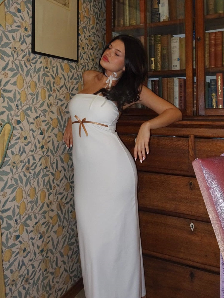 White Spandex Dress With Dainty Bow